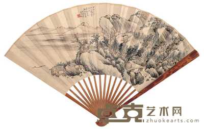 楼辛壶 高振霄 甲戌（1934年）作 青溪远岫图 行书 成扇 